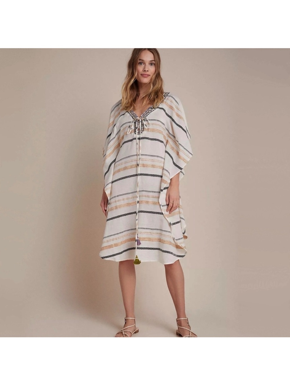 Anthropologie White and Tan Beach Cover-Up Caftan
